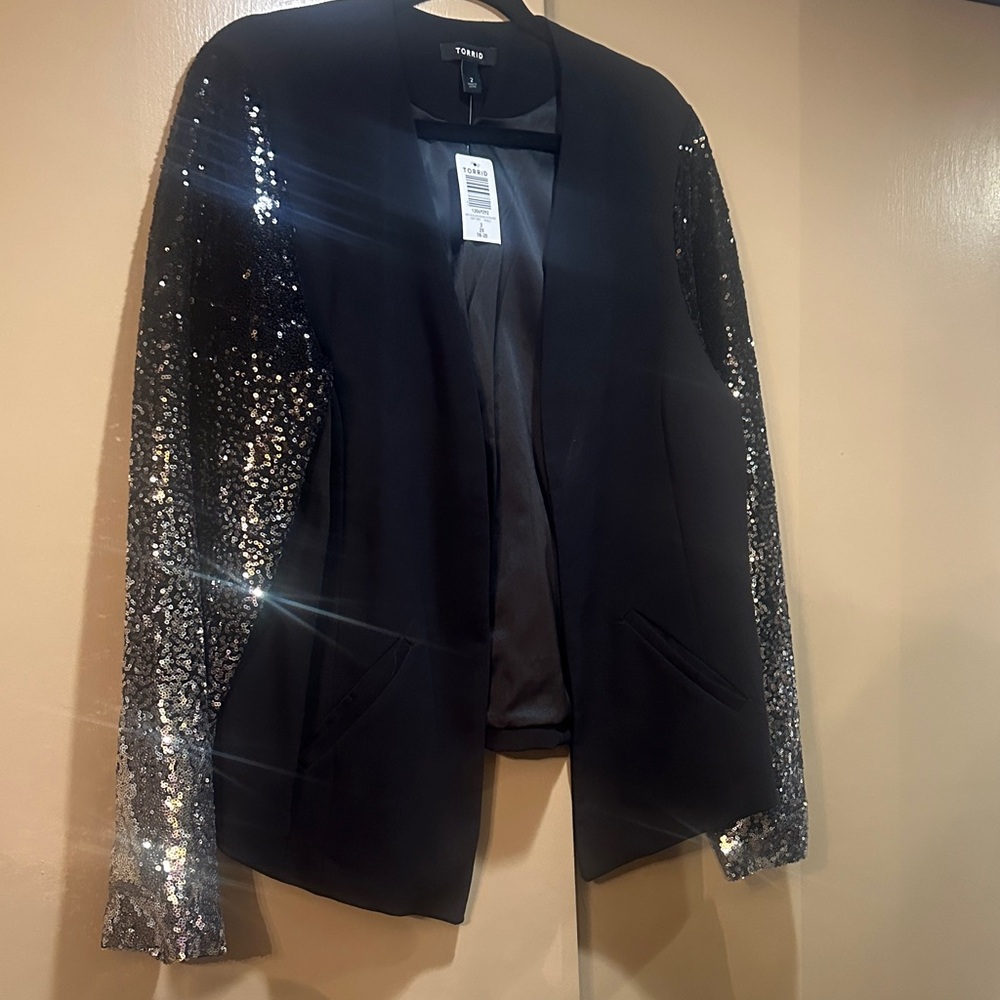 Torrid Elegant Black Blazer with Sparkling Silver Sleeves